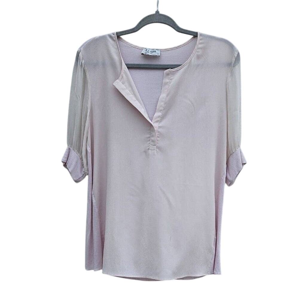 Lola & Sophie Womens 100% Silk Light Pink Top Small Sheer Ribbed Contrast Tee‎